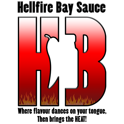 Logo for Hellfire Bay Sauce consists of the letter H with a chilli cutout and the letter B with a sauce bottle cutout, both letters are red with flames at the bottom.